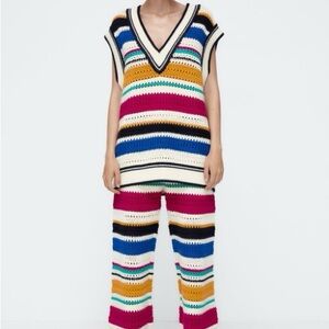Zara crocheted vest and pants set multicolor stripe